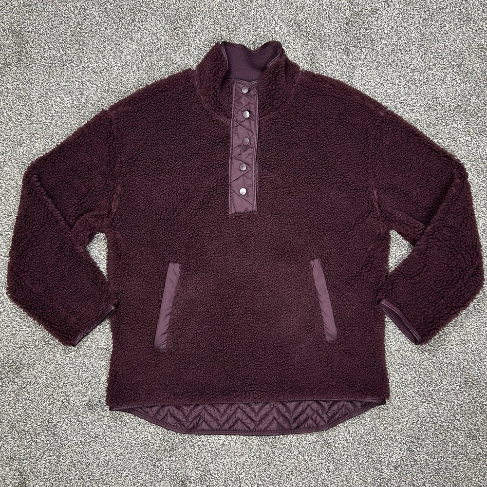 Athleta‎ Cozy Sherpa Snap Button Pullover Sweatshirt Women Large Spiced Cabernet